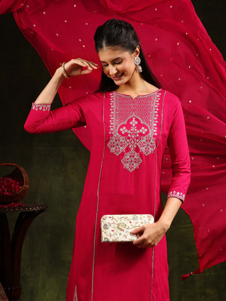 Mirror Embroidered Kurta With Pant & Sequined Embroidered Dupatta, Rani - Hiral Fashion