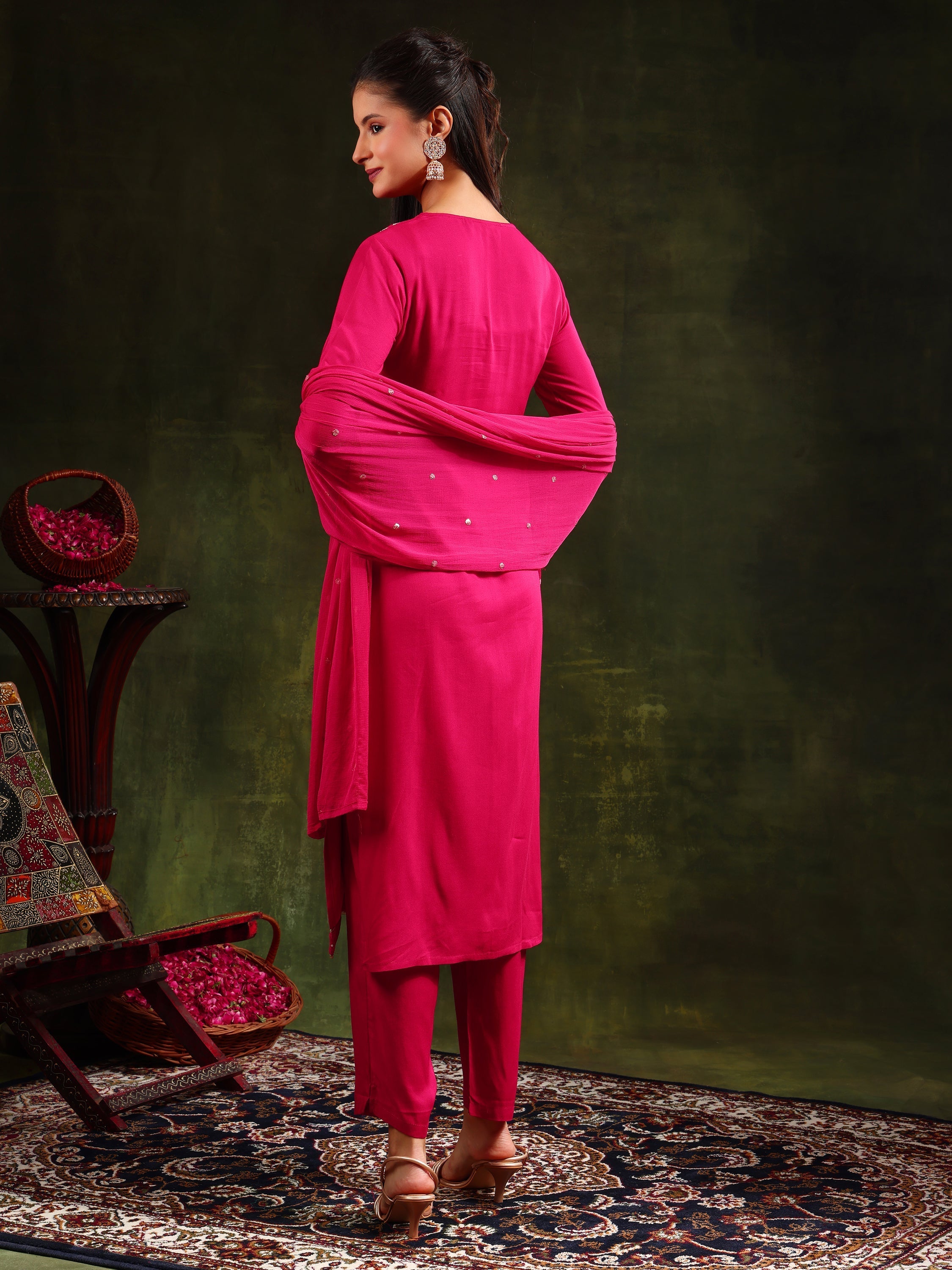 Sequined Embroidered Kurta With Pant & Sequined Embroidered Dupatta, Pink - Hiral Fashion - Distacart