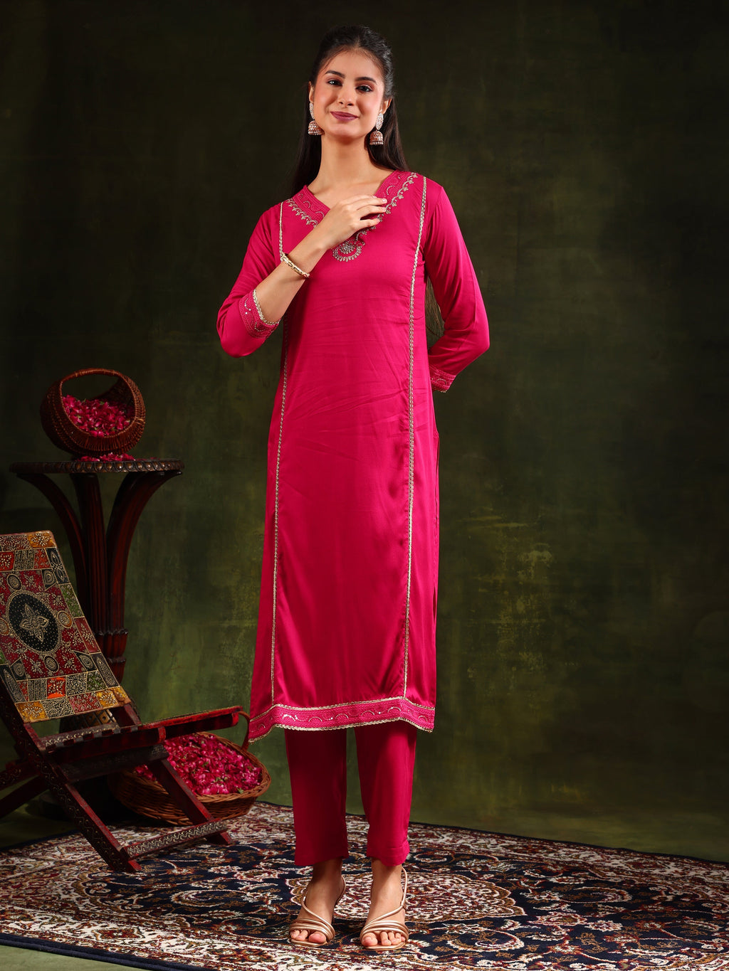 Sequined Embroidered Kurta With Pant & Sequined Embroidered Dupatta, Pink - Hiral Fashion - Distacart