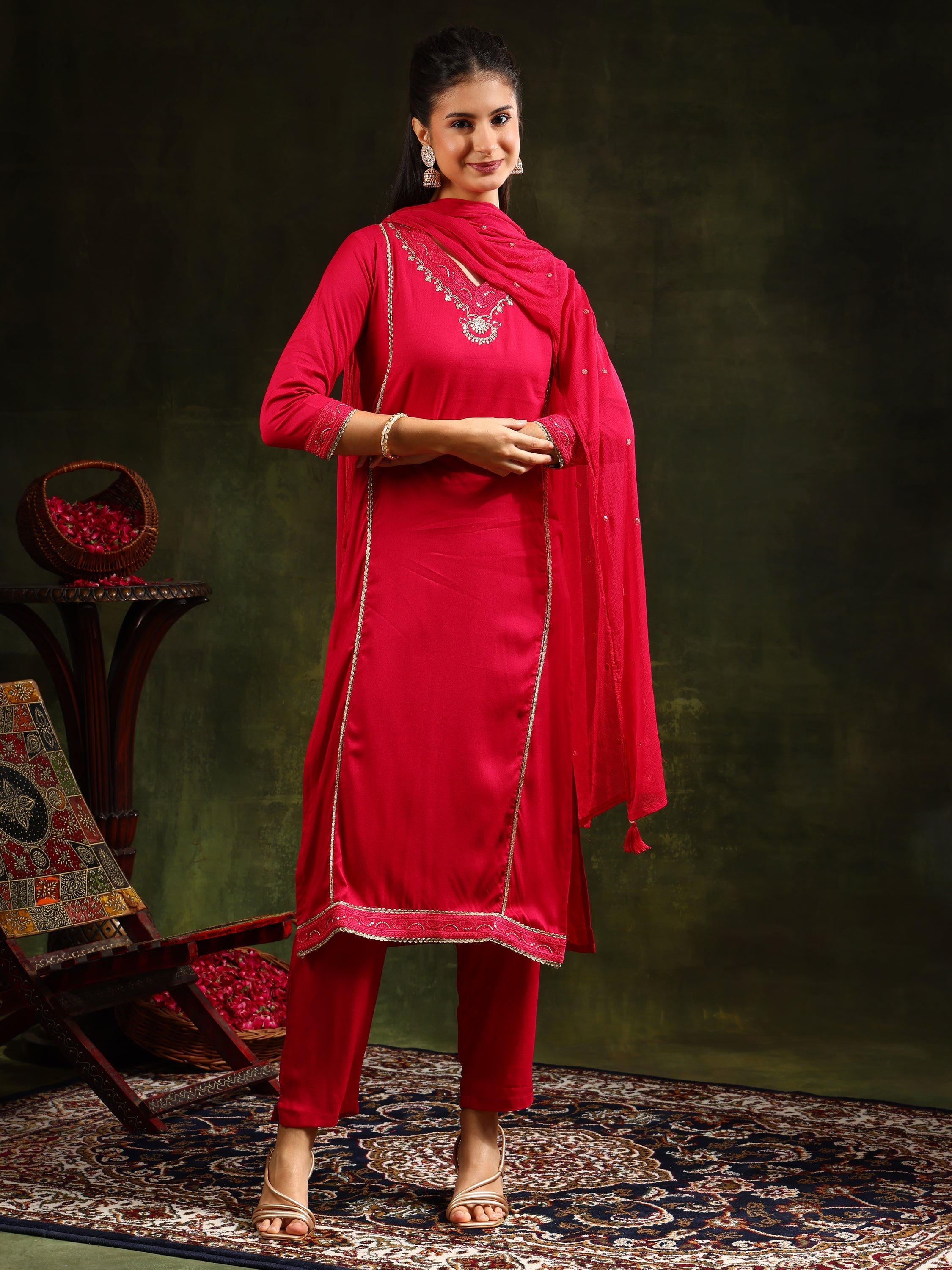 Sequined Embroidered Kurta With Pant & Sequined Embroidered Dupatta, Pink - Hiral Fashion - Distacart