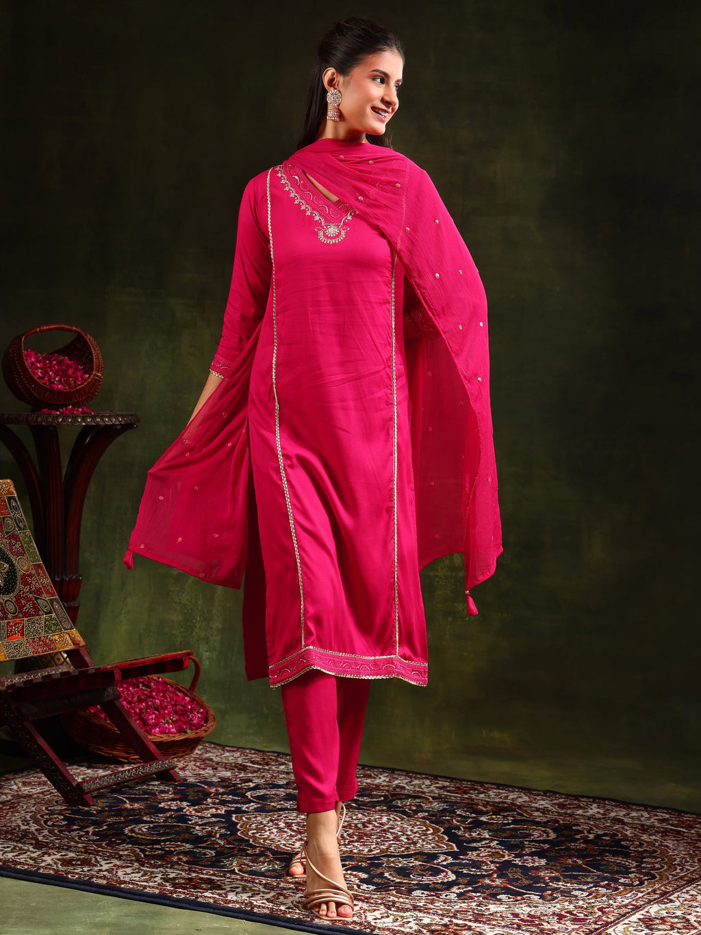 Sequined Embroidered Kurta With Pant & Sequined Embroidered Dupatta, Pink - Hiral Fashion - Distacart
