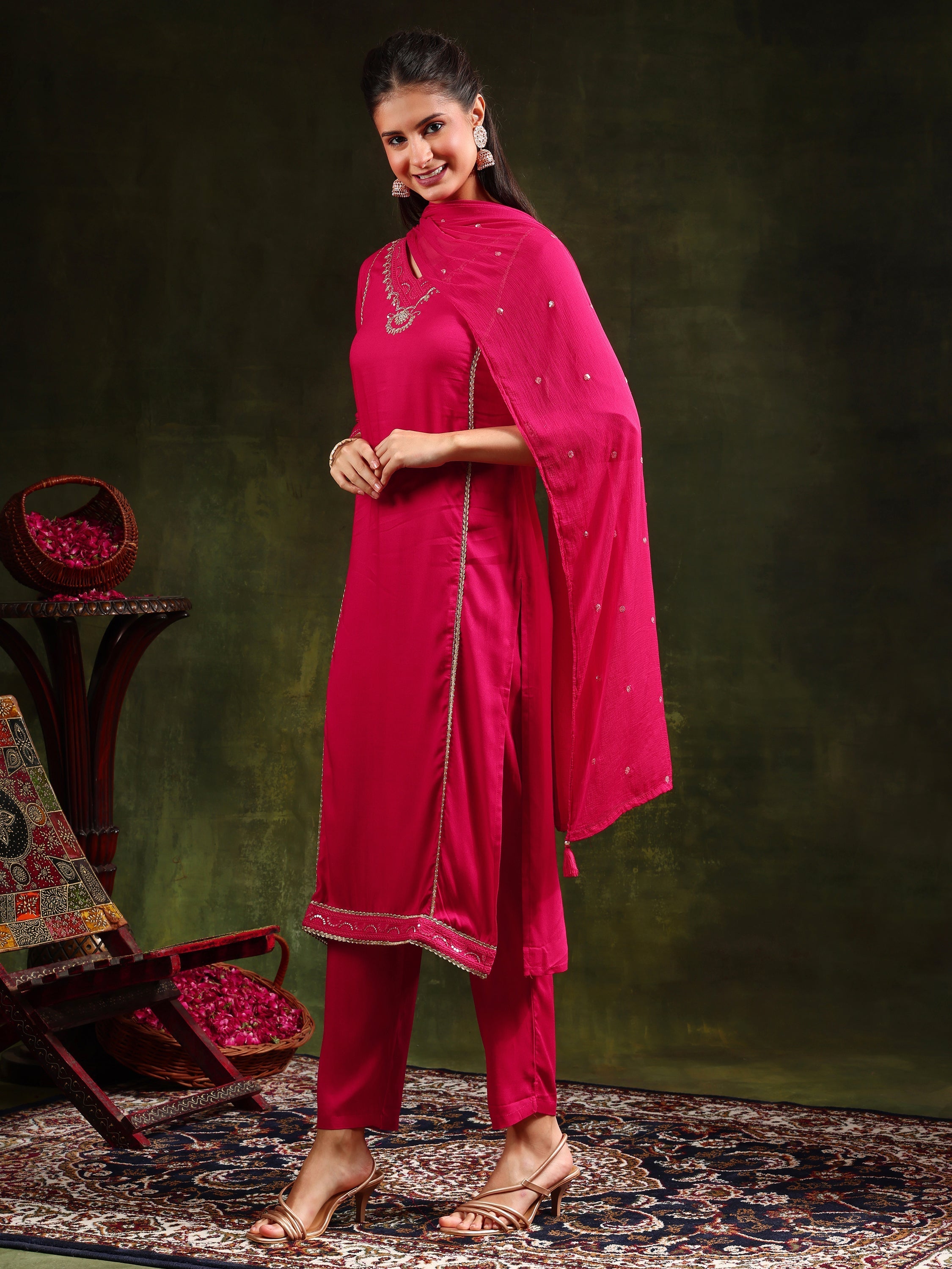 Sequined Embroidered Kurta With Pant & Sequined Embroidered Dupatta, Pink - Hiral Fashion - Distacart