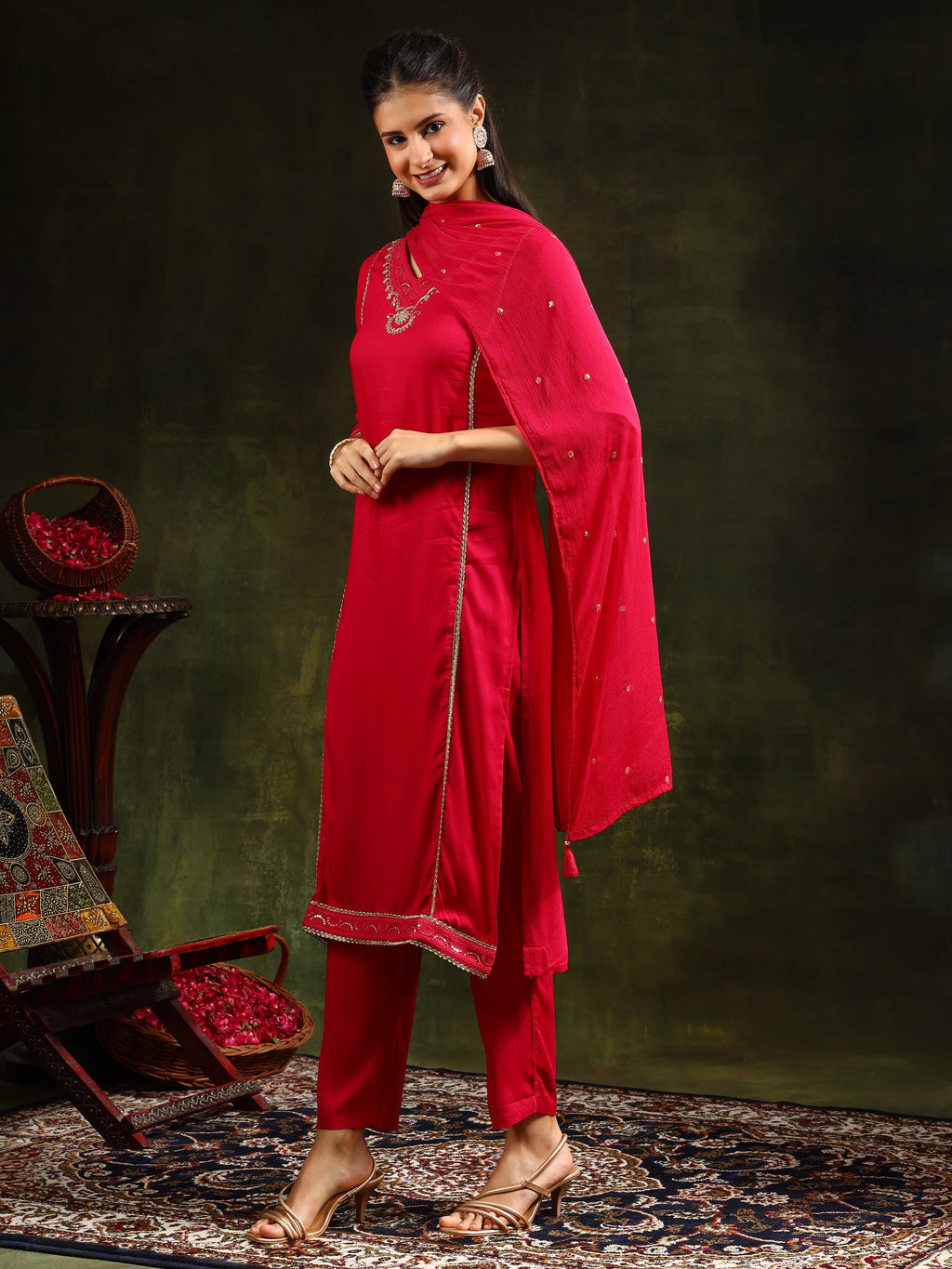 Sequined Embroidered Kurta With Pant & Sequined Embroidered Dupatta, Pink - Hiral Fashion - Distacart