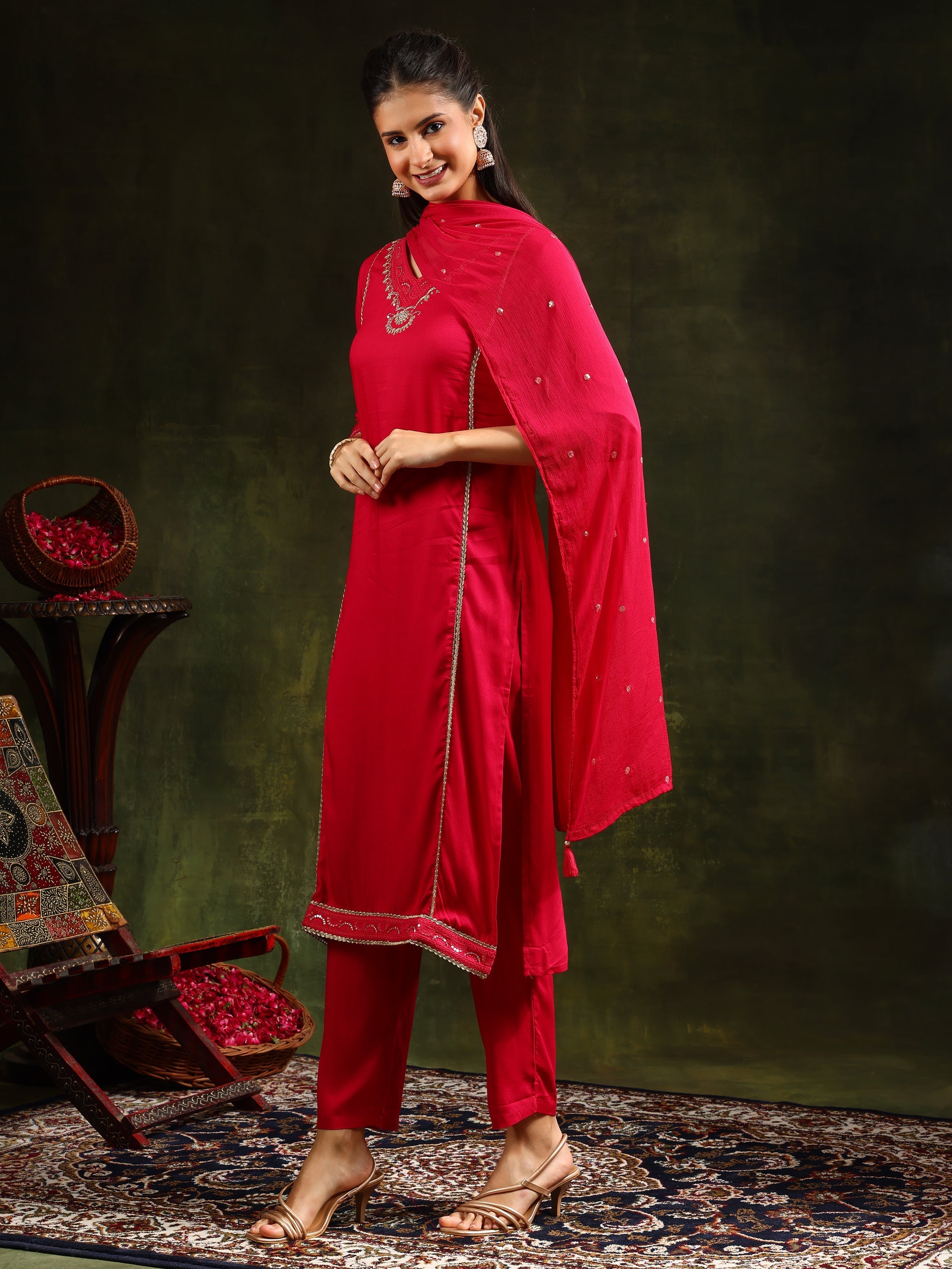 Sequined Embroidered Kurta With Pant & Sequined Embroidered Dupatta, Pink - Hiral Fashion - Distacart