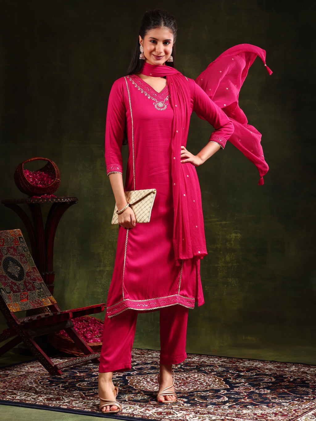 Sequined Embroidered Kurta With Pant & Sequined Embroidered Dupatta, Pink - Hiral Fashion - Distacart