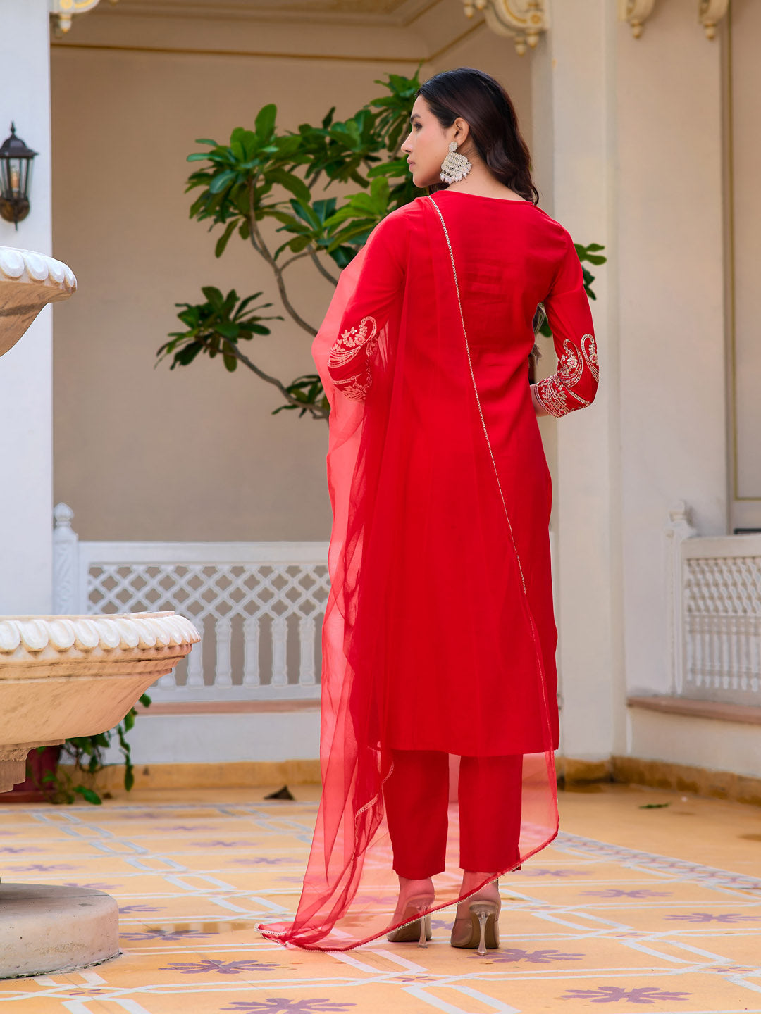 Sequined & Zari Embroidered Kurta With Pant & Net Dupatta, Red - Hiral Fashion - Distacart
