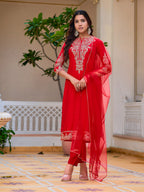 Sequined & Zari Embroidered Kurta With Pant & Net Dupatta, Red - Hiral Fashion - Distacart