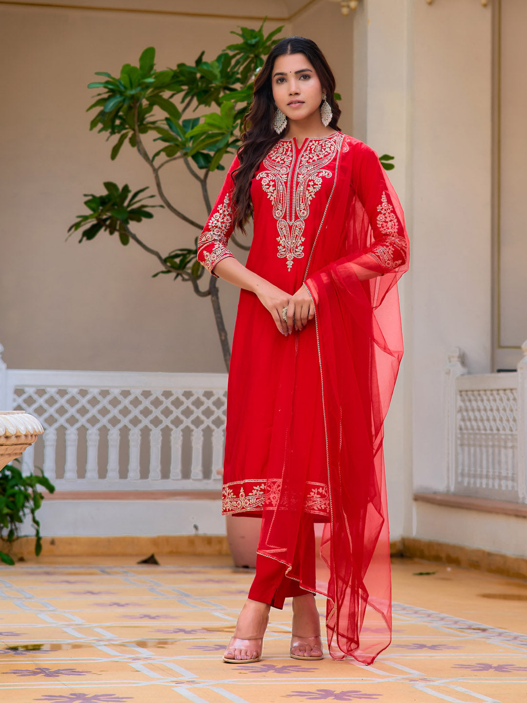 Sequined & Zari Embroidered Kurta With Pant & Net Dupatta, Red - Hiral Fashion - Distacart