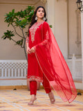 Sequined & Zari Embroidered Kurta With Pant & Net Dupatta, Red - Hiral Fashion - Distacart