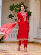 Sequined & Zari Embroidered Kurta With Pant & Net Dupatta, Red - Hiral Fashion - Distacart