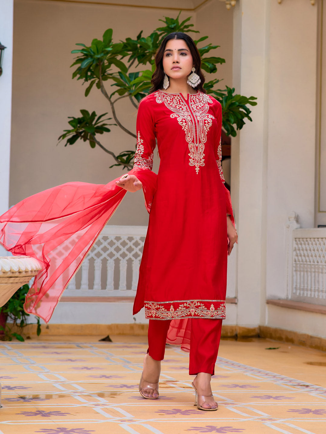 Sequined & Zari Embroidered Kurta With Pant & Net Dupatta, Red - Hiral Fashion - Distacart