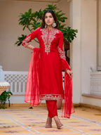 Sequined & Zari Embroidered Kurta With Pant & Net Dupatta, Red - Hiral Fashion - Distacart