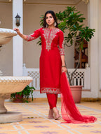 Sequined & Zari Embroidered Kurta With Pant & Net Dupatta, Red - Hiral Fashion - Distacart