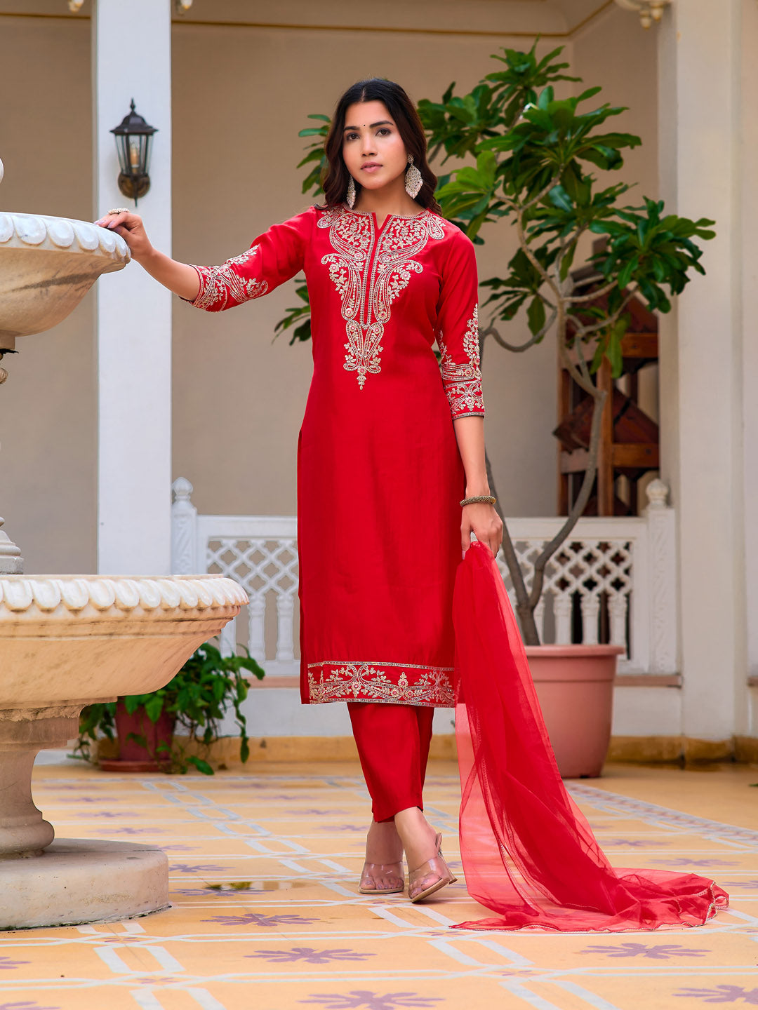 Sequined & Zari Embroidered Kurta With Pant & Net Dupatta, Red - Hiral Fashion - Distacart
