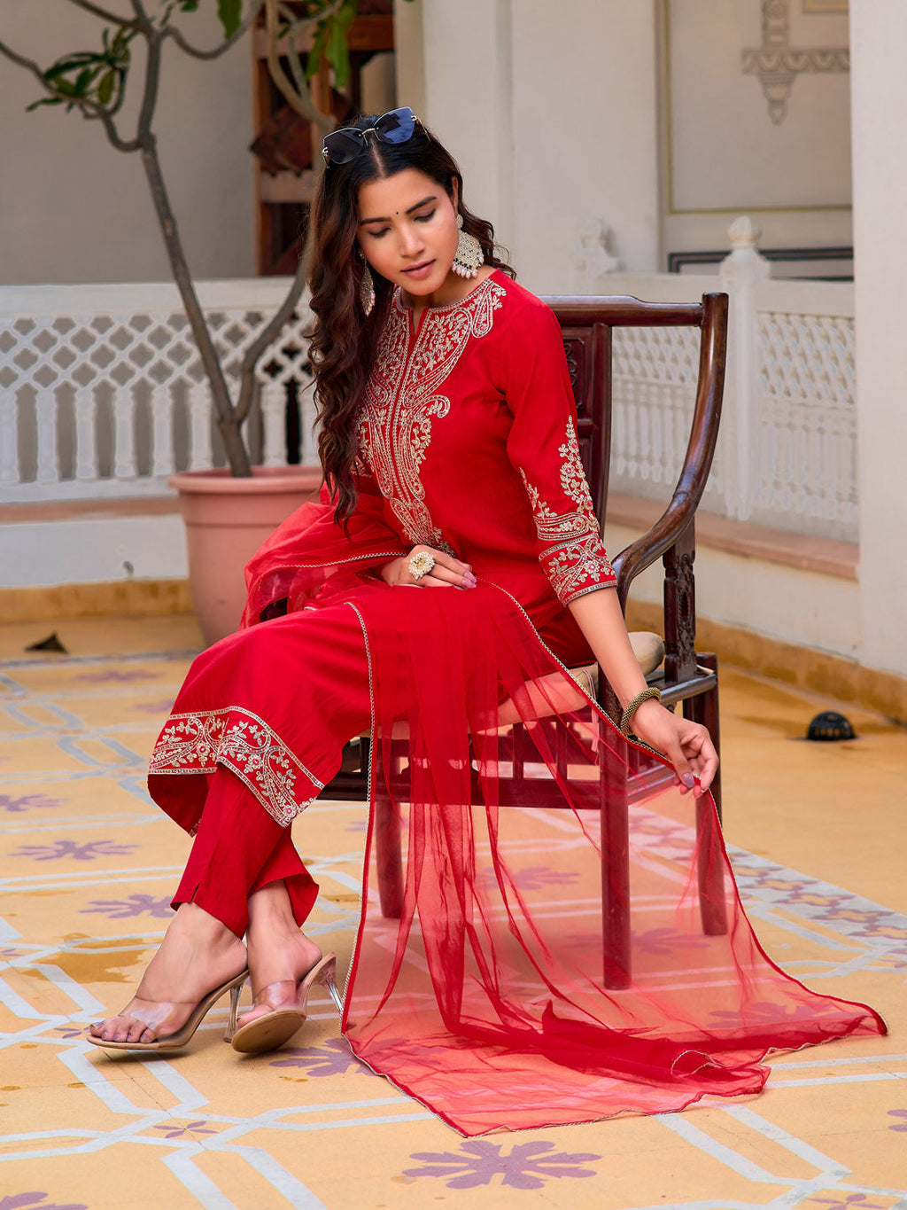 Sequined & Zari Embroidered Kurta With Pant & Net Dupatta, Red - Hiral Fashion - Distacart