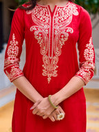 Sequined & Zari Embroidered Kurta With Pant & Net Dupatta, Red - Hiral Fashion - Distacart