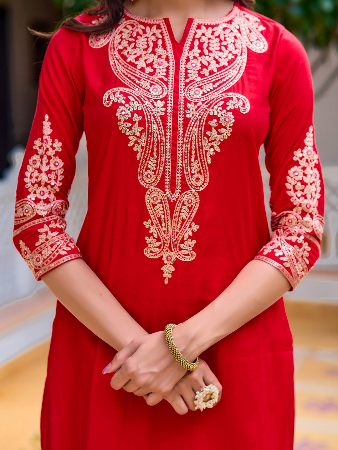 Sequined & Zari Embroidered Kurta With Pant & Net Dupatta, Red - Hiral Fashion - Distacart