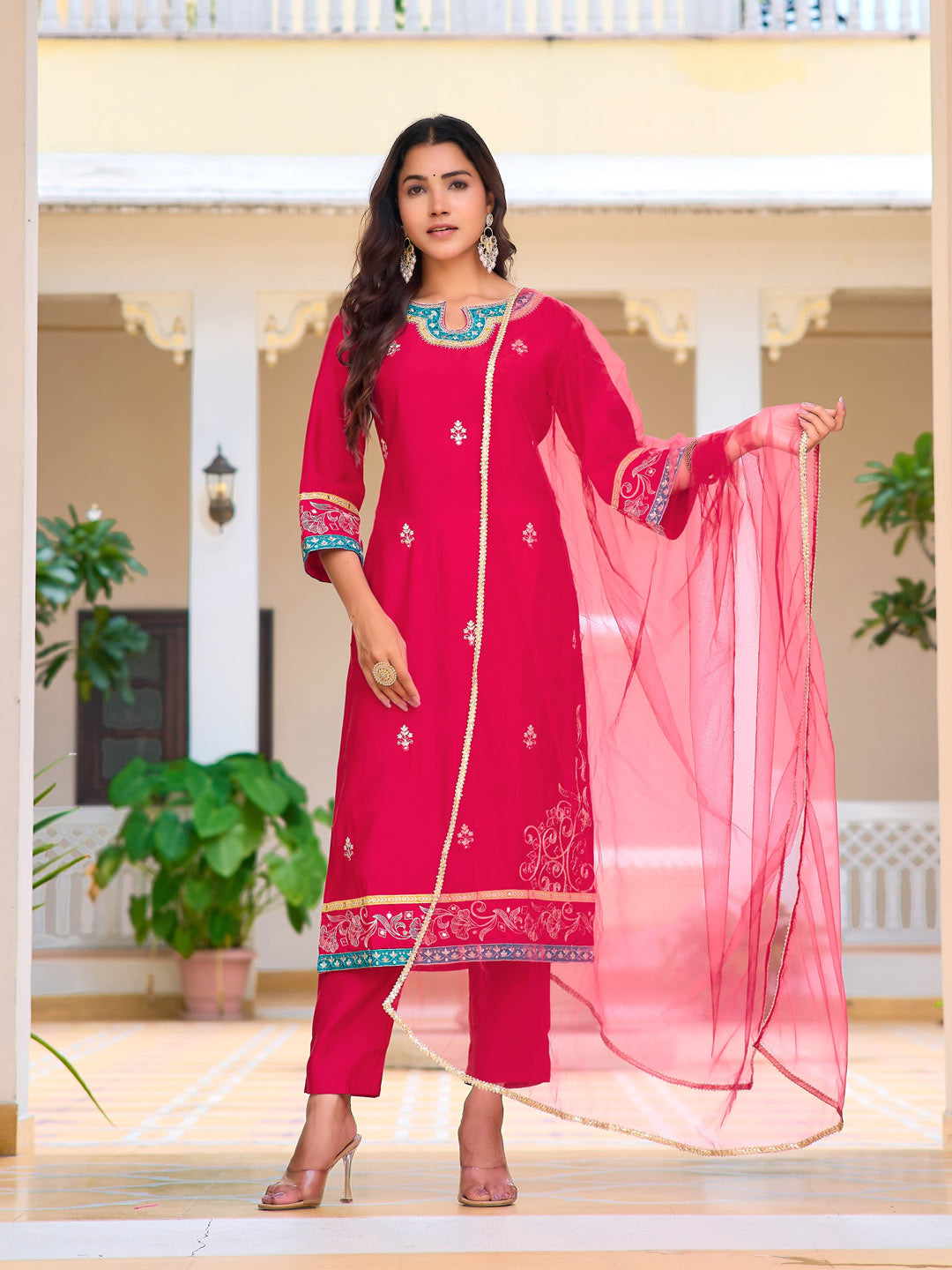 Embroidered Kurta With Pant & Lace Dupatta, Pink - Hiral Fashion - Distacart