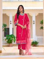 Embroidered Kurta With Pant & Lace Dupatta, Pink - Hiral Fashion - Distacart
