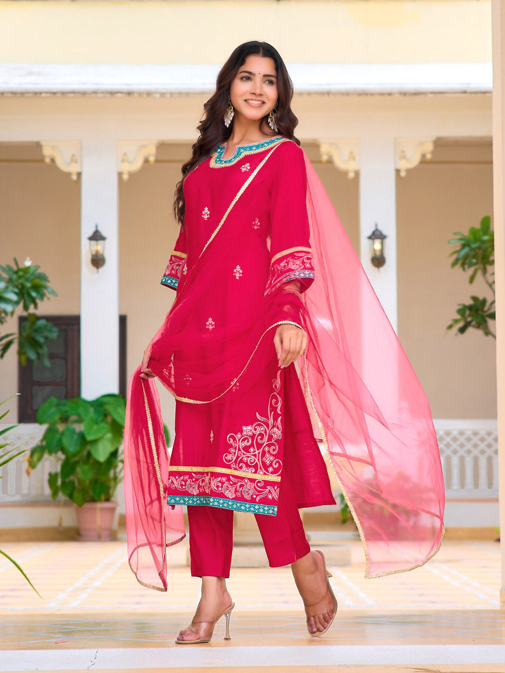 Embroidered Kurta With Pant & Lace Dupatta, Pink - Hiral Fashion - Distacart