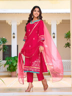 Embroidered Kurta With Pant & Lace Dupatta, Pink - Hiral Fashion - Distacart