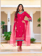 Embroidered Kurta With Pant & Lace Dupatta, Pink - Hiral Fashion - Distacart