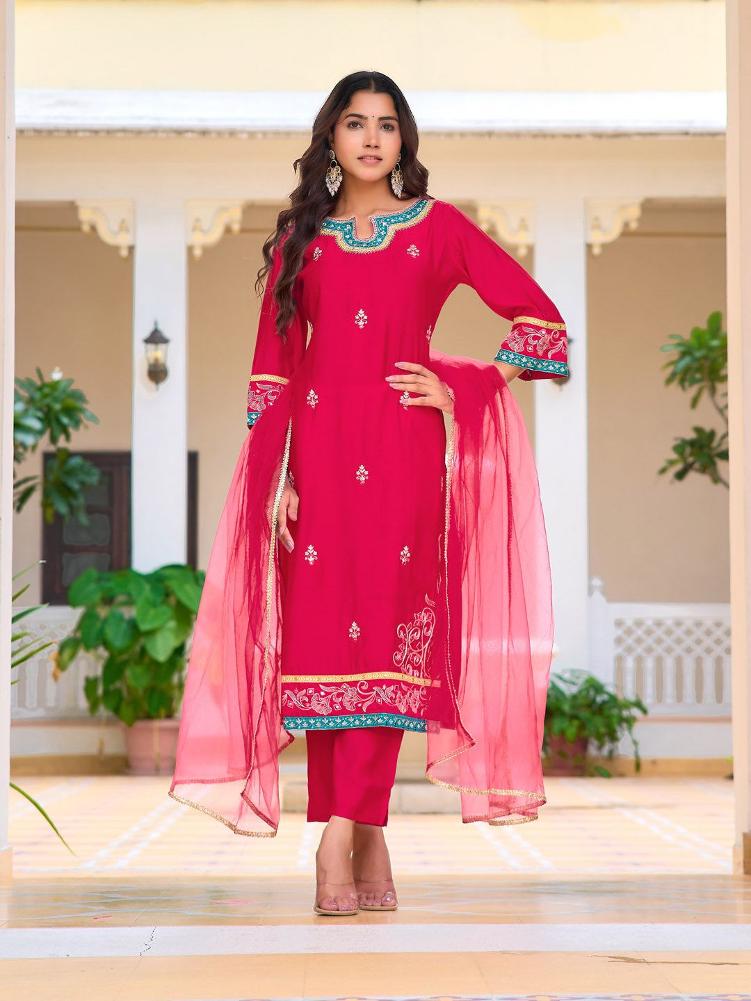 Embroidered Kurta With Pant & Lace Dupatta, Pink - Hiral Fashion - Distacart