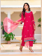 Embroidered Kurta With Pant & Lace Dupatta, Pink - Hiral Fashion - Distacart