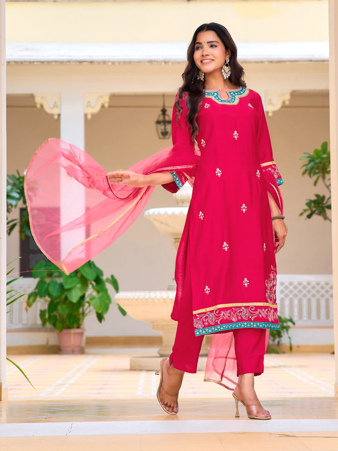 Embroidered Kurta With Pant & Lace Dupatta, Pink - Hiral Fashion - Distacart