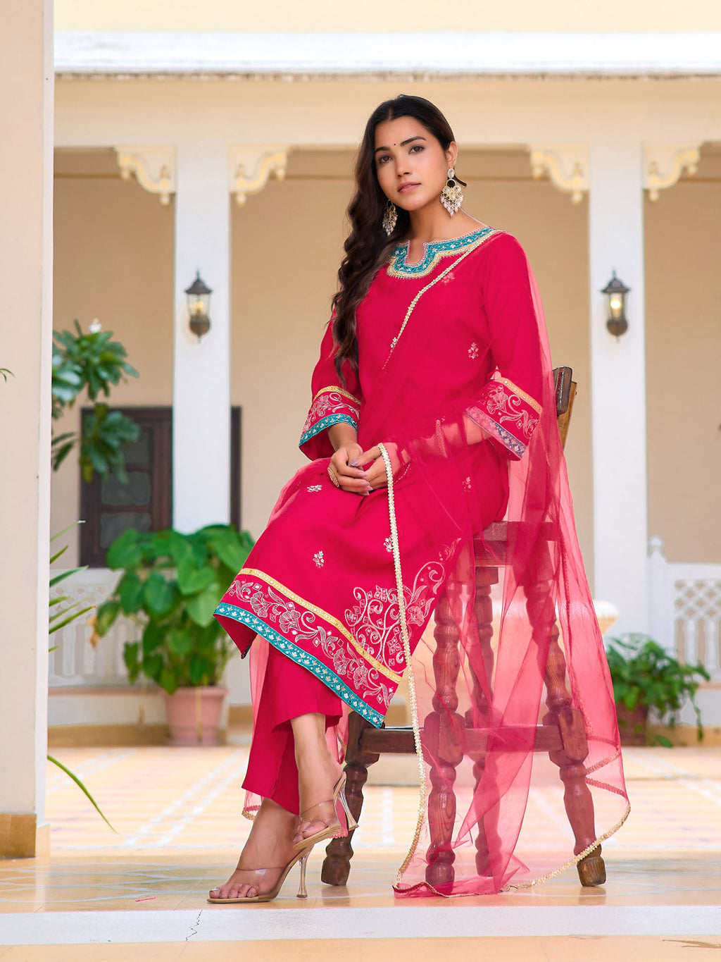 Embroidered Kurta With Pant & Lace Dupatta, Pink - Hiral Fashion - Distacart