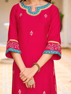 Embroidered Kurta With Pant & Lace Dupatta, Pink - Hiral Fashion - Distacart