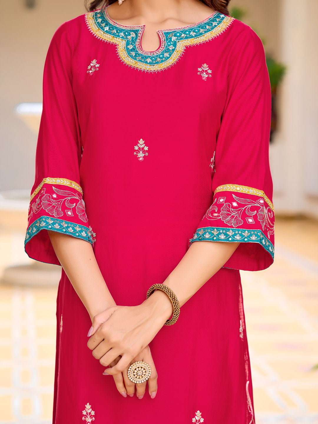 Embroidered Kurta With Pant & Lace Dupatta, Pink - Hiral Fashion - Distacart