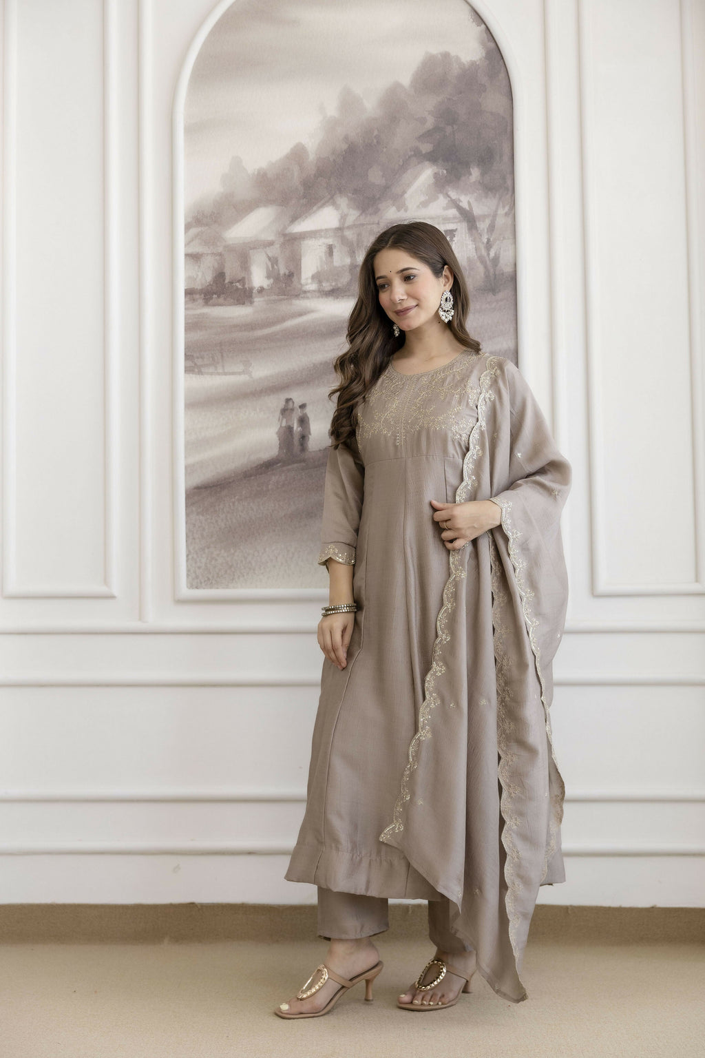 The52 Chiku Women's Beautiful Vichitra Silk Fabric Embroidered Work Flared Anarkali Pant and Dupatta Set - Distacart
