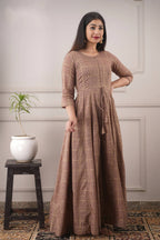 Partywear Designer Hand Screen and Foil Print Lightbrown Pure chanderi Gown - Anbazaar - Distacart