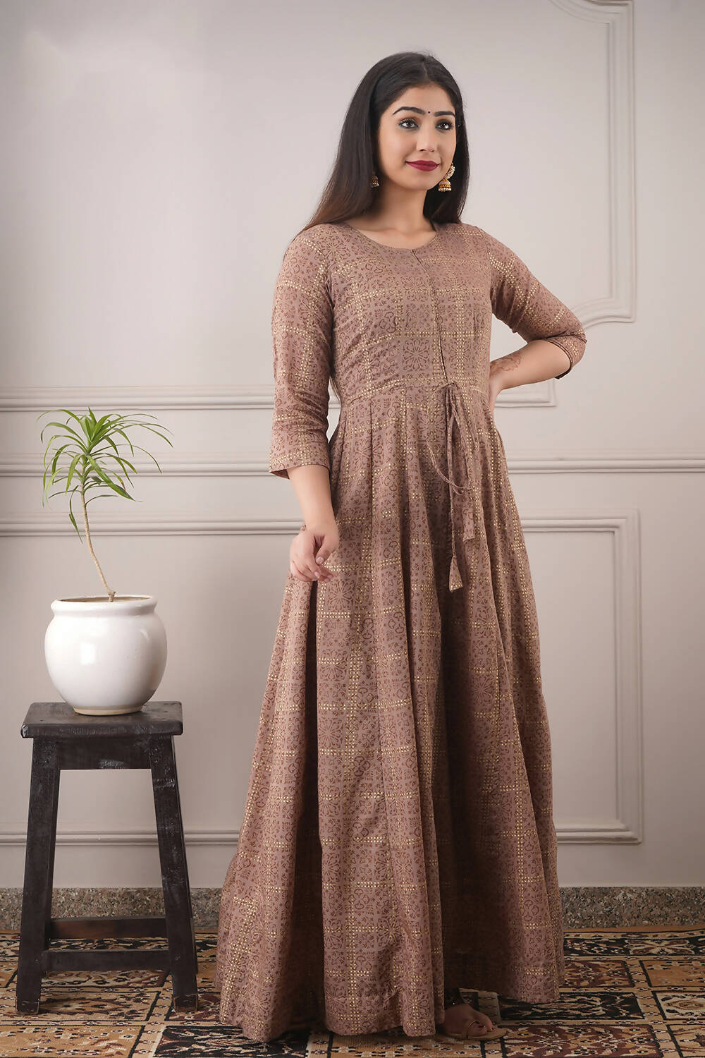 Partywear Designer Hand Screen and Foil Print Lightbrown Pure chanderi Gown - Anbazaar - Distacart