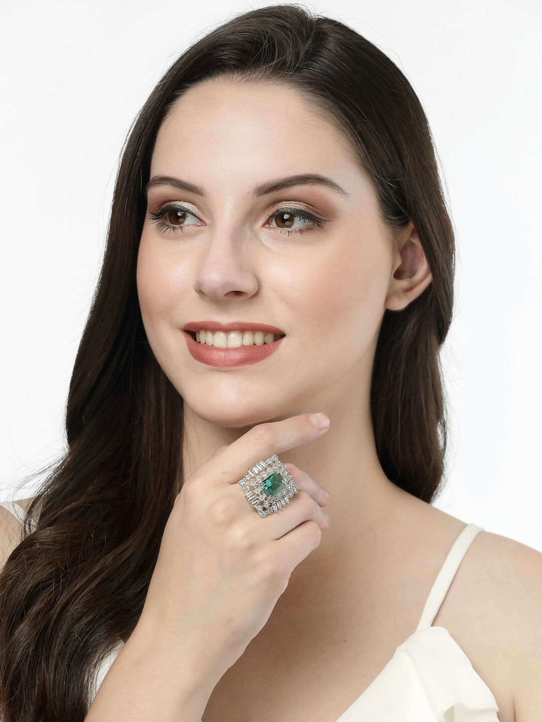 NVR Women's Green & Silver CZ-Studded Square-Shaped Adjustable Finger Ring
