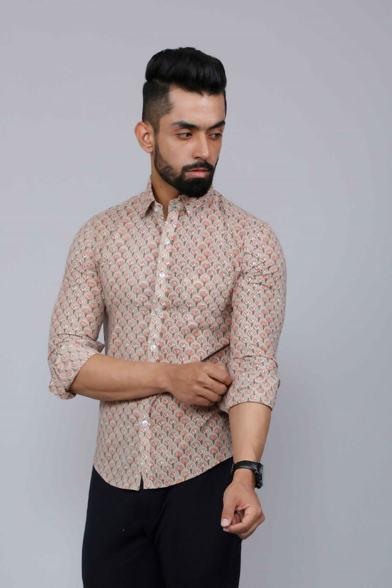 Miravan Men's Beige Pure Cotton Handblock Floral Print Shirt