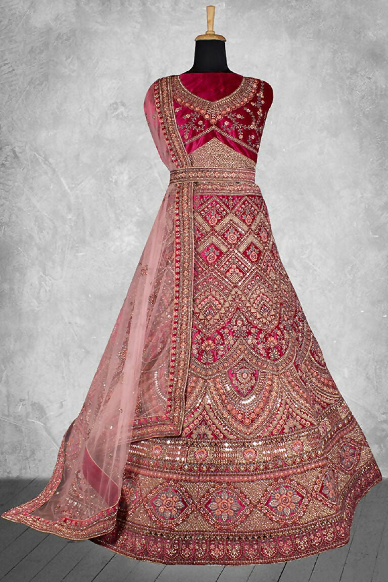 Red Velvet Pure Mirror Work Semi Stitched Lehenga Choli with Dupatta - Nimaya Lagnotsav