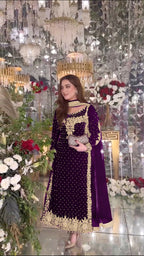 Joban Fashion Purple Velvet Sequence Embroidery Work Kurta Set - Distacart