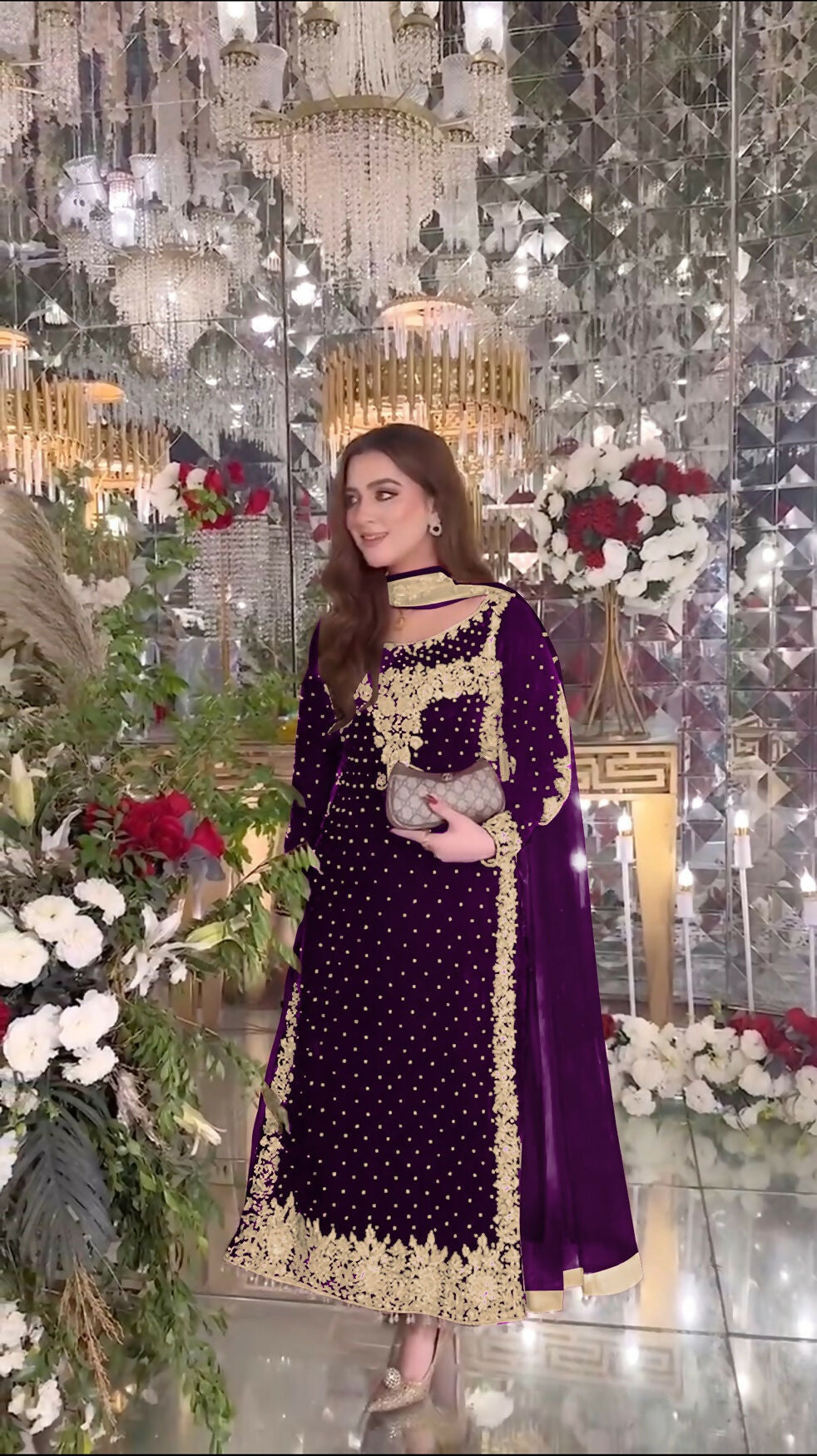 Joban Fashion Purple Velvet Sequence Embroidery Work Kurta Set - Distacart