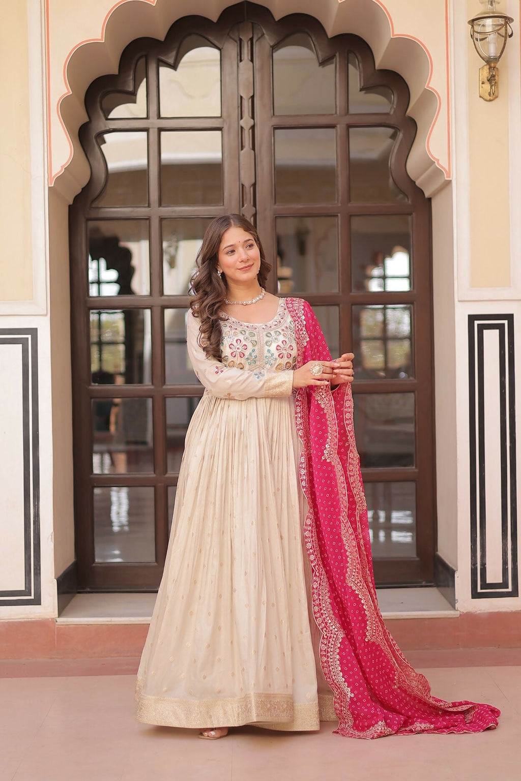 Joban Fashion Pink Jacquard Sequence Embroidery Work Kurta Set - Distacart