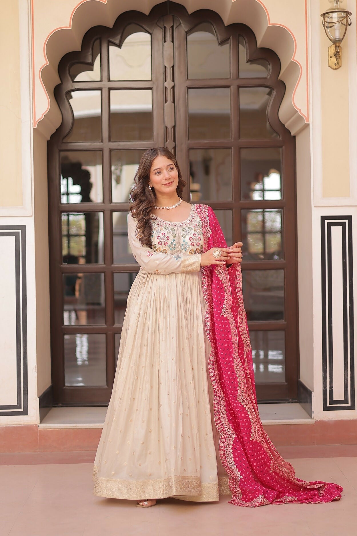 Joban Fashion Pink Jacquard Sequence Embroidery Work Kurta Set - Distacart