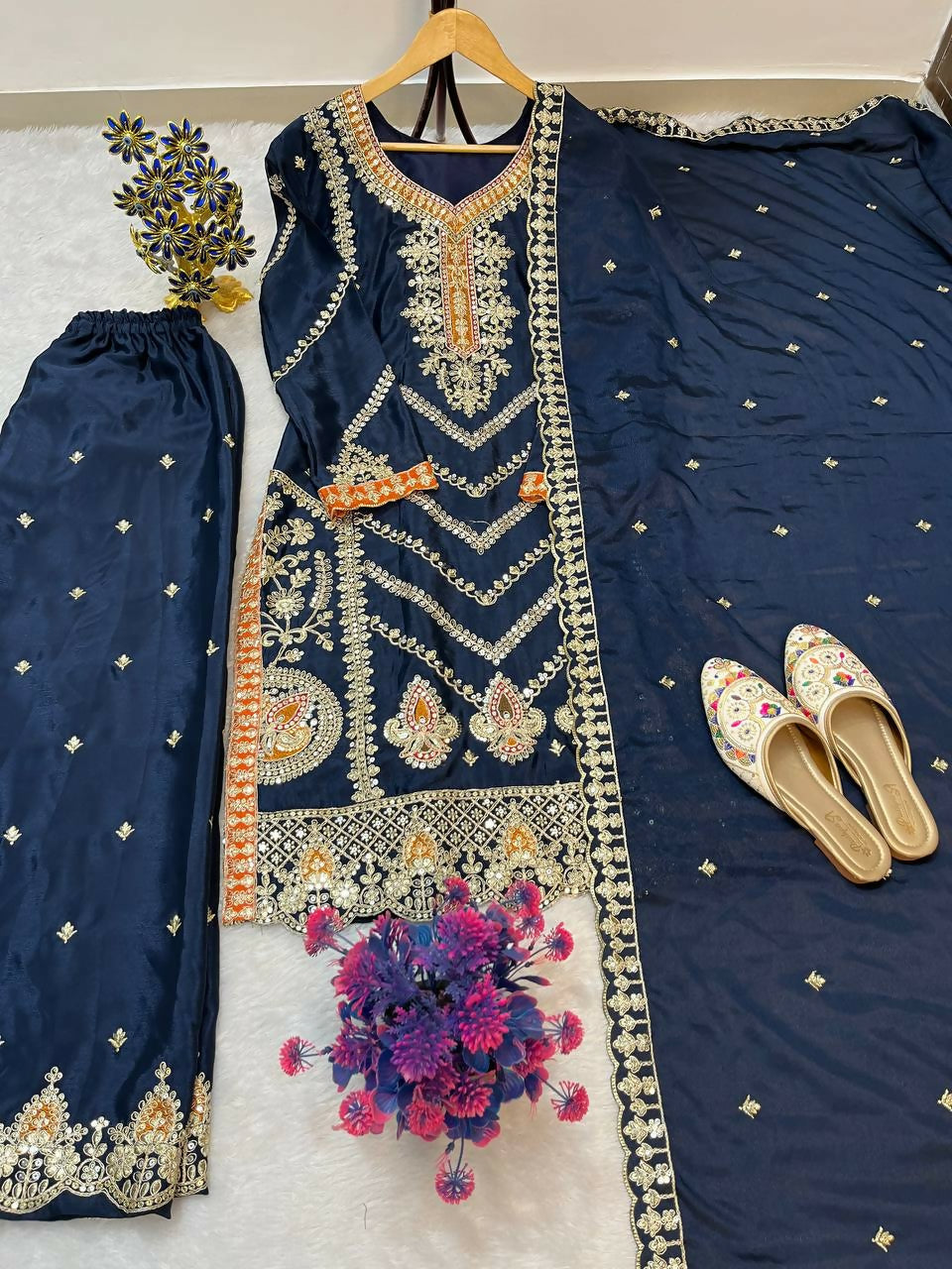 Teeya Creation Blue Color Chinon Silk Party Wear Trending Palazzo Set - Distacart