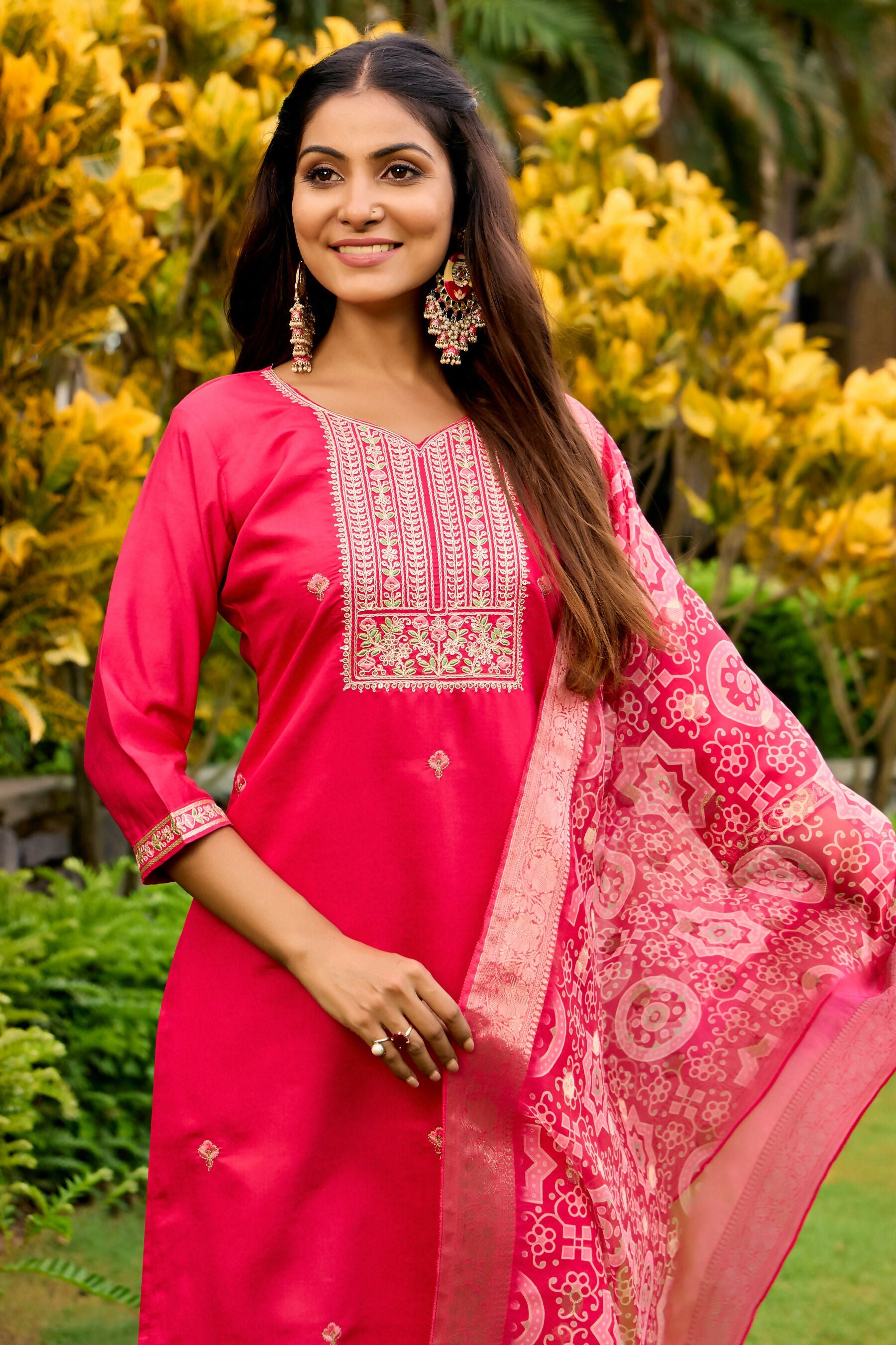 The52 Women's Beautiful Embroidery Work Roman Fabric Straight Kurta Pant and Dupatta Set - Distacart