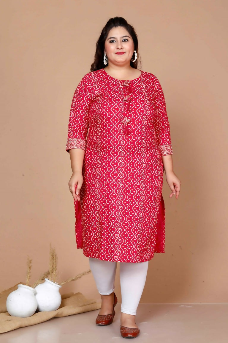 Miravan Women's Plus Size Pink Bandhani Pakistani Straight Kurti