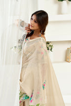 Vastranavya Cream Digital Printed Linen Ready To Wear Designer Saree with Unstitched Blouse - Distacart