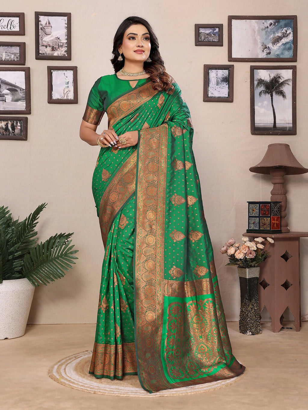 Joban Fashion Banarasi Green Woven Soft Silk Saree - Distacart