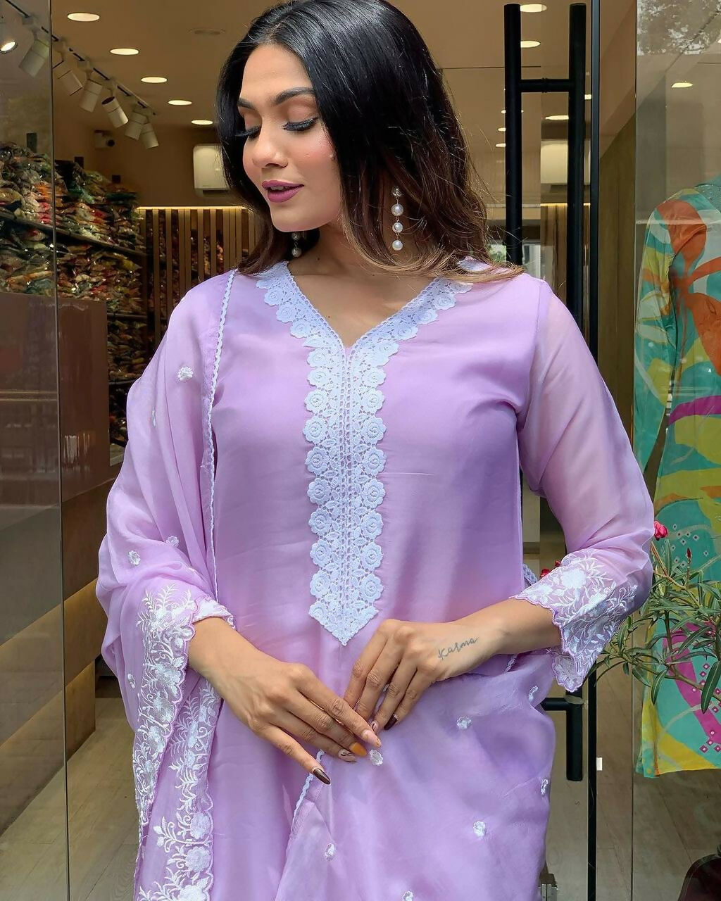 The52 Lavender Women's Gorgeous Embroidered Georgette Fabric Straight Kurta Pant with Dupatta Set - Distacart