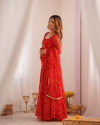 Evanik Red Pure Lightweight Chiffon Bandhej Design Anarkali Pant With Dupatta