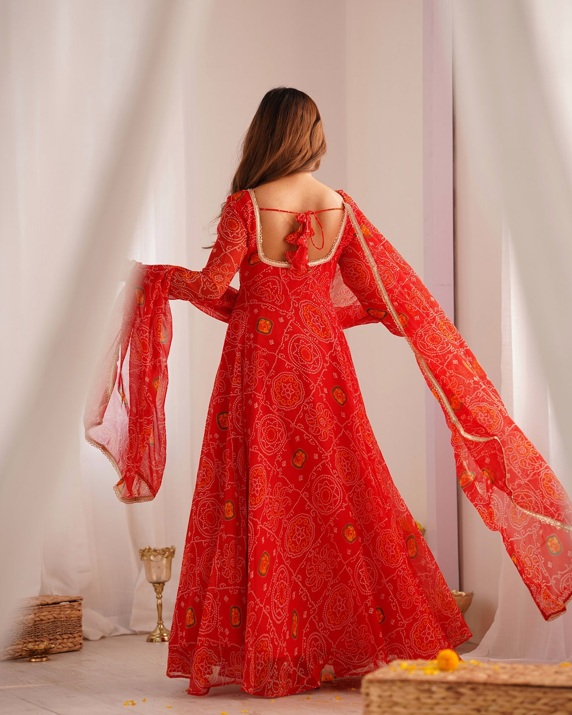 Evanik Red Pure Lightweight Chiffon Bandhej Design Anarkali Pant With Dupatta